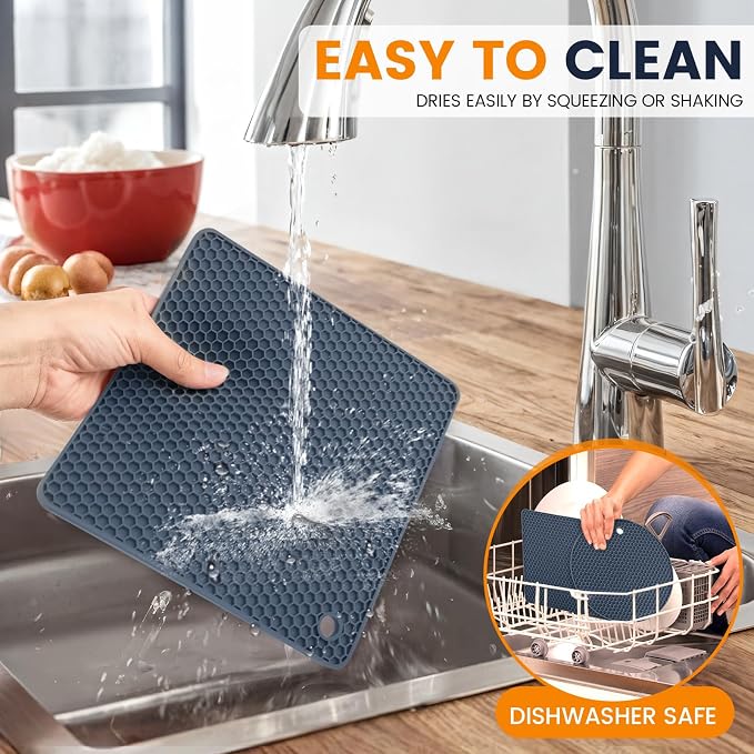 Silicone Trivet Mats 4 Heat Resistant Pot Holders Multipurpose Non-Slip Hot Pads for Kitchen Potholders, Drying mat, Jar Opener, Spoon Holder, Coaster(Navy Blue)
