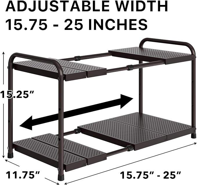 Simple Houseware Under Sink 2-Tier Heavy Duty Expandable Organizer, Bronze | Adjustable Width 15.75–25 Inches with 4 Shelf Height Levels