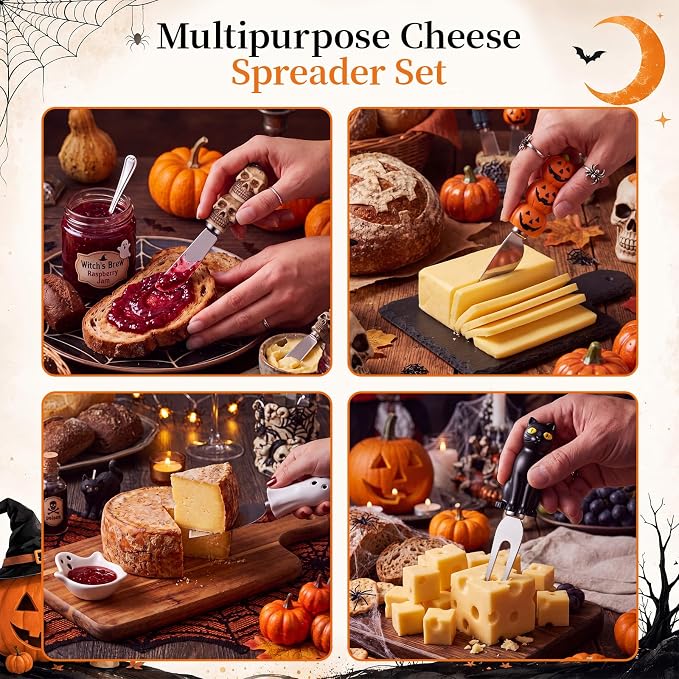 Jingmore 4 Pcs Halloween Cheese and Butter Spreader Knives Decor Pumpkin, Black Cat, Ghost, Skull Hand Painted Resin Handle with Stainless Steel Blade Multipurpose (Cheese Knives Set)