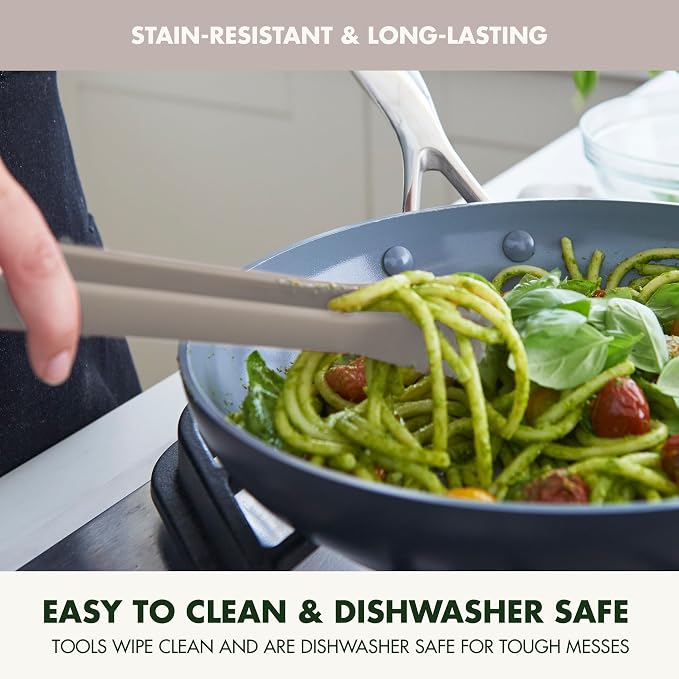 GreenPan Silicone Tong, Cooking Grilling Serving, Salad, Kitchen Utensil, Flexible Rubber Nonstick Cookware, Rigid Steel Core, Heat-Resistant, Anti-Slip Handle, BPA-Free, Dishwasher Safe, Taupe