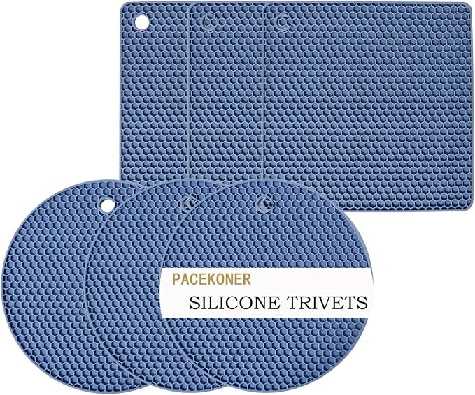6-Pack Silicone Trivet Mats, Heat Resistant Hot Pads, Dishwasher Safe Kitchen Mats, BPA-Free Pot Holders for Table, Countertop, Stove, Honeycomb Design (Blue, 7” Square/Round)