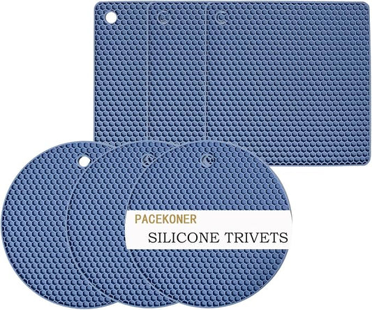 6-Pack Silicone Trivet Mats, Heat Resistant Hot Pads, Dishwasher Safe Kitchen Mats, BPA-Free Pot Holders for Table, Countertop, Stove, Honeycomb Design (Blue, 7” Square/Round)
