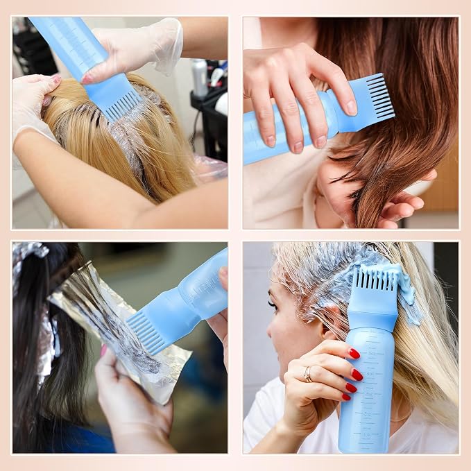 Pimoys 6Oz Root Comb Hair Dye Oil Applicator Bottles for Scalp, Blue | Plastic Squeeze Bottle Dispenser with Graduated Scale, Comb Tip Applicator For Hair Coloring Scalp Oiling, Home Salon Use