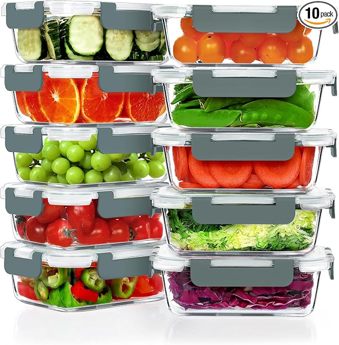 VERONES 10 PACK 22 OZ Glass Meal Prep Containers Set with Lids, Grey | Airtight Glass Lunch Containers Set, Glass Food Storage Containers, for Microwave, Oven, Freezer & Dishwasher Friendly