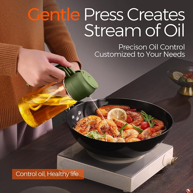 YARRAMATE 16 oz 2-in-1 Glass Olive Oil Sprayer for Cooking, OliveGreen | Food-grade dispenser bottle, 470 ml, spray and pour, portion control, stickers included, for salad, frying and BBQ