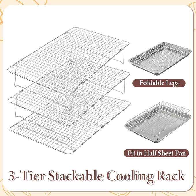 Stainless Steel Stackable Cooling Rack for Baking, 3-Tier Cooling Rack Set, Stackable Heavy Duty Stainless Steel Wire Racks, for Baking Cooking Grilling, Oven & Dishwasher Safe, 10”x 16”, Silver