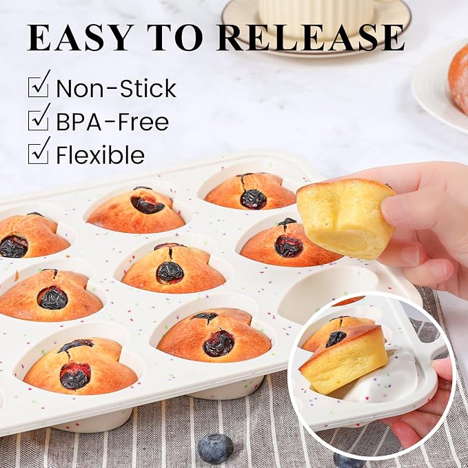 FUNBAKY 2 Pcs Heart Shaped Silicone Muffin Pan，Metal Reinforced Frame, 12-Cavity Nonstick Silicone Heart Mold for Muffins, Cupcakes, Bread,Chocolate Muffin and Tartlets