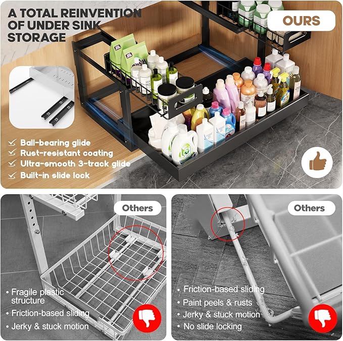 1 Pack-16"-26"W Expandable Under Sink Organizer With Upgrade Ball-Bearing Slide,2-Tier Pull Out Under Cabinet Organizer Height Adjustable,Not Suitable For Cabinets With Partitions In The Middle