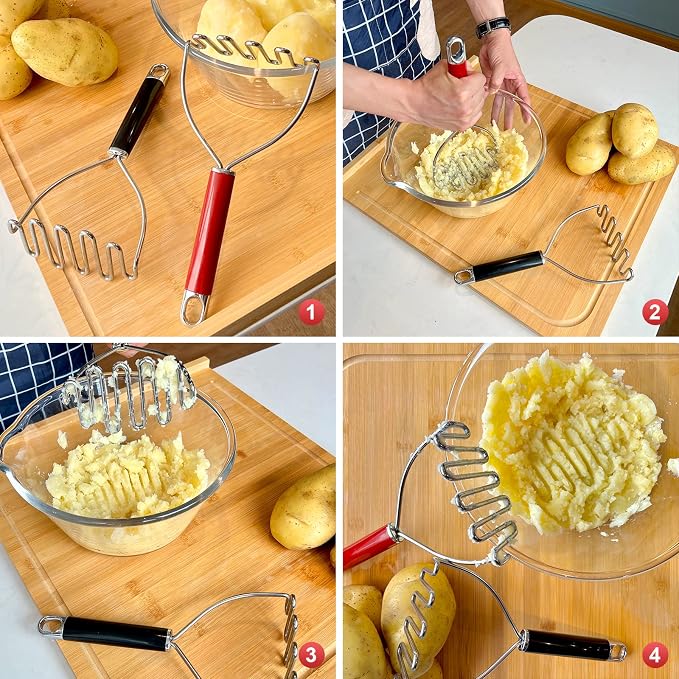 Potato Masher, Mashed Potato Masher Stainless Steel, Sturdy Masher Kitchen Tool for Potatoes, Avocado, Bean, Available for dishwasher - (Red)