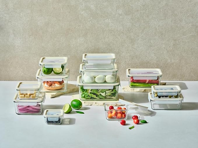 Glasslock Sens 24Pcs Glass Food Storage Set – Airtight & Leakproof, 8 Different Sizes, Anti Slip Lid, Microwave & Oven Safe, Meal prep, Lunch Box, Nestable & Stackable, Pantry Storage