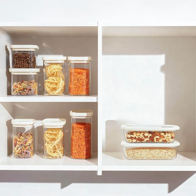 Glass Food Storage Jar with Glass Lid in Ractangle Shape, Food Canister Set with Airtight Lids, Pantry Storage Jar for Kitchen Organization. Food Storage Containers in Pack of 3, 40oz.