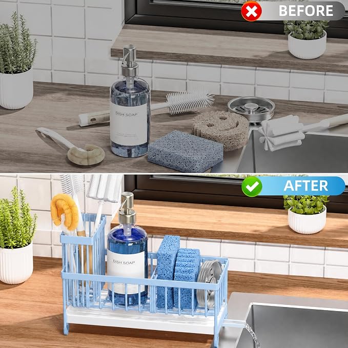 Cisily Sponge Holder for Kitchen Sink, Sink Caddy Organizer with High Brush Holder, Kitchen Countertop Organizers and Storage Essentials, Rustproof 304 Stainless Steel (Blue, 9.25″)