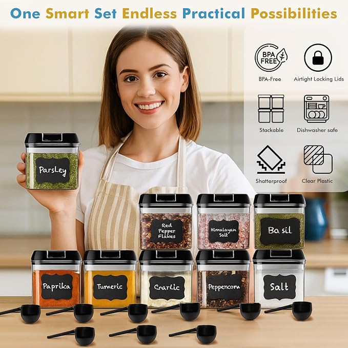 Shazo 9 PC Airtight Food Storage Containers - BPA Free Clear Plastic Snack & Spice Containers with Easy Lock Lids - Kitchen and Pantry Organization for Herbs, Coffee, Tea - 0.5L / 2.1 Cups