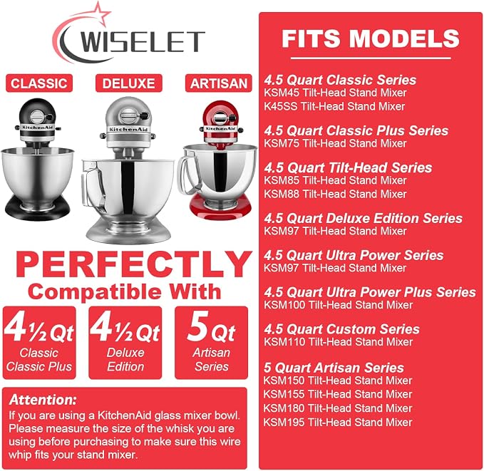 K45WW Stainless Steel Wire Whip for KitchenAid Artisan Series Tilt-Head Mixer 5 Quart Bowl, 6 Wire Whisk Fits for Artisan Mixer, Heavy Duty, Dishwasher Safe, Balloon Whisk