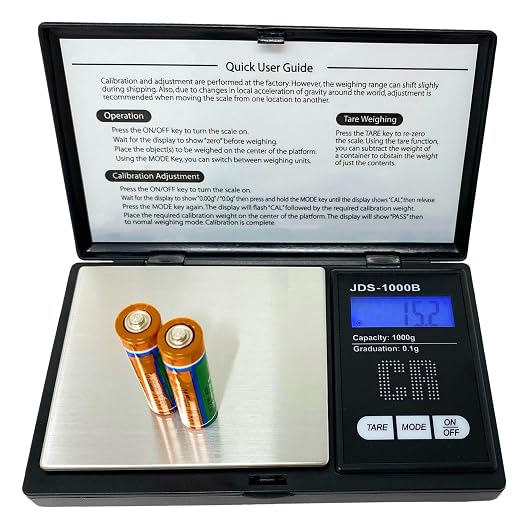 CR Premium Digital Food Scale - 1000g by 0.1g, Portable & Black (JDS-1000B) (Battery NOT Included)