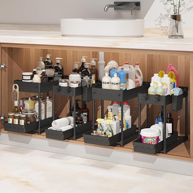 4-Pack 2-Tier Under Sink Organizer with Pull Out Drawers | Multi-use kitchen & bathroom storage. Includes hanging hooks and cups. Black, space-saving cabinet design. 14.8 Inch