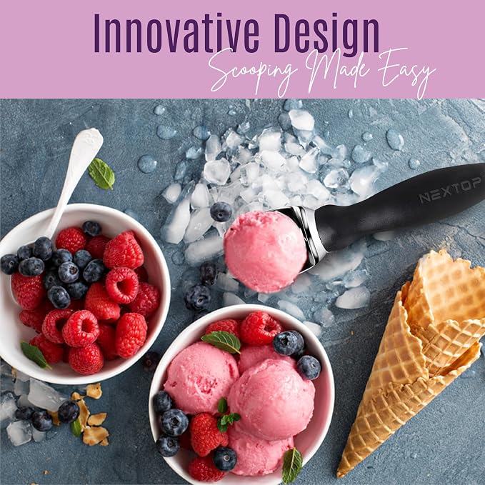 Nextop Ice Cream Scoop with Comfortable Handle - Ergonomic Spoon, Durable Perfect Metal Round Round Scoops Ideal for Ice Cream, Sorbet, Gelato Perfect for Home Use, Kitchen Essential. (Black)