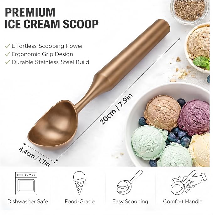 Stainless Steel Ice Cream Scoop, Heavy Duty Ice Cream Scooper with Ergonomic Grip, 100% Dishwasher Safe One-Piece Metal Scoop for Hard Ice Cream, Gelato & Cookie Dough,Rose Gold