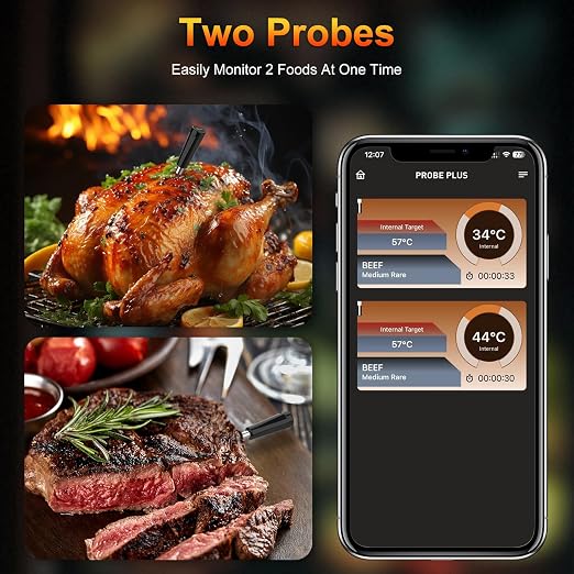 Wireless Bluetooth Meat Thermometer with 2 Ultra-Thin Probes | Waterproof Digital, 600Ft Range, Smart App for iOS/Android | Ideal for Grill, BBQ, Oven & Fryer | Outdoor & Home Cooking