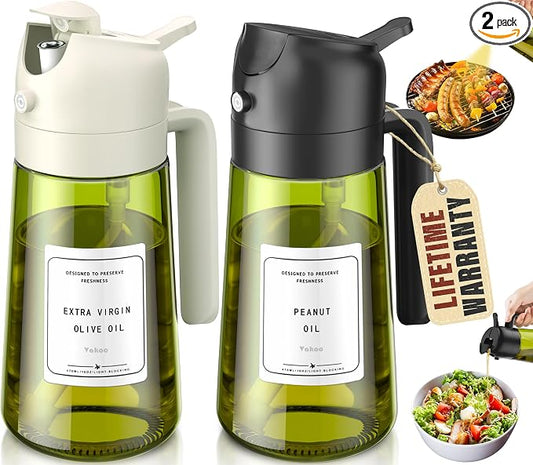 Vakoo Oil Sprayer for Cooking, 2 in 1 Oil Dispenser for Kitchen, 16oz/470ml Light-Blocking Dark Glass Olive Oil Spray Bottle, Air Fryer, Salad & BBQ (Black&White)