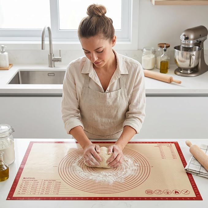 Silicone Pastry Mat with Measurements, 36 x 24 Inch Extra Thick Non-Slip Nonstick XL Baking Mat for Dough Rolling, Kneading, Fondant and Pie, Red