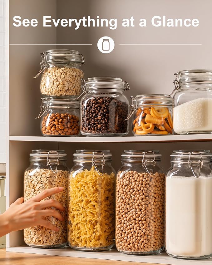 OneDream 78oz Glass Jars with Airtight Lid, 3 Pack Large Glass Storage Jars | Airtight Clamp Lids, Leak Proof, Wide Mouth, Thick Glass, Food-Grade, BPA-Free, Pantry Organization, with Labels & Marker
