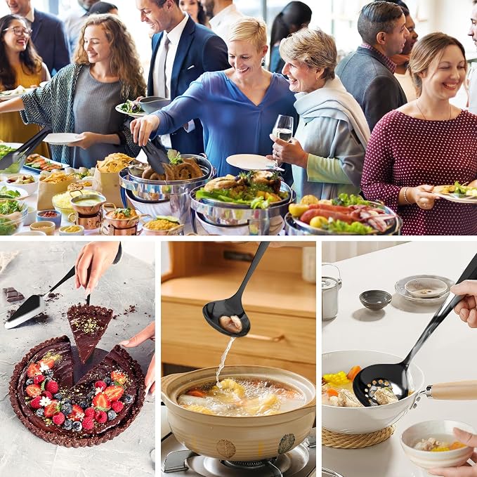 17PCS Serving Utensils Set Flatware, Stainless Steel Serveware Large Serving Spoons, Slotted Spoons, Forks, Tongs, Cake Server,Soup and Skimmer Spoon for Buffet, Catering, Party, Dinner (Black)