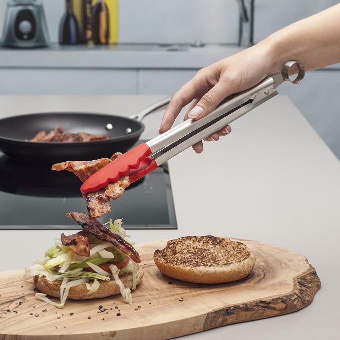 Zeal Silicone Non-Stick Kitchen Tongs with Stainless Steel Handle (26cm) -Red, 26 cm