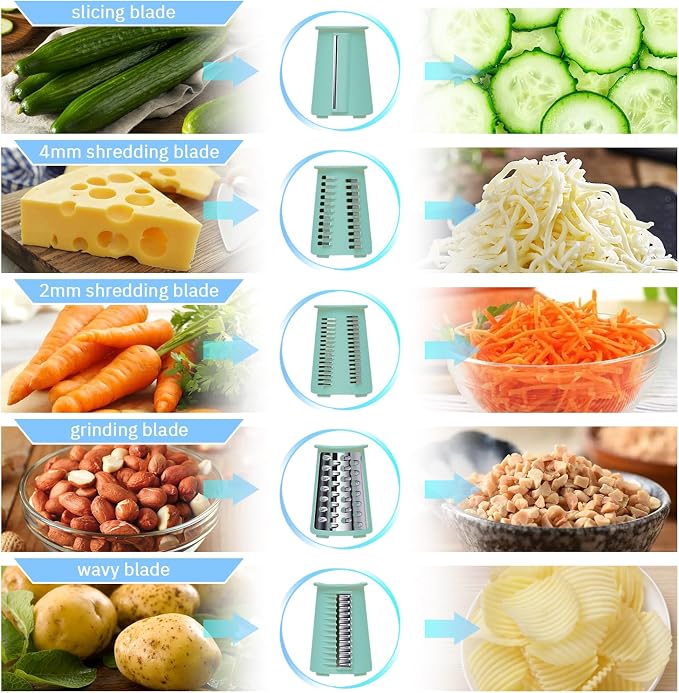 ENERGEVITY Manual Rotary Cheese Grater with Handle, 5 in 1 Replaceable Stainless Blades Cheese Shredder,Strong Suction Base Vegetable Slicer with Cleaning Brush & Bonus Storage Box for Blades (green)