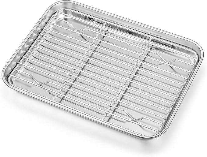 Homikit Mini Baking Sheet with Wire Rack for Toaster Oven (1 Pan+1 Rack) | 9x7 Inch Stainless Steel Baking Pan with Cooling Rack Set, Metal Cookie Sheets, Small Bacon Tray, Nonstick, Dishwasher Safe