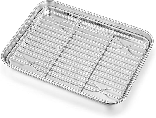 Homikit Mini Baking Sheet with Wire Rack for Toaster Oven (1 Pan+1 Rack) | 9x7 Inch Stainless Steel Baking Pan with Cooling Rack Set, Metal Cookie Sheets, Small Bacon Tray, Nonstick, Dishwasher Safe
