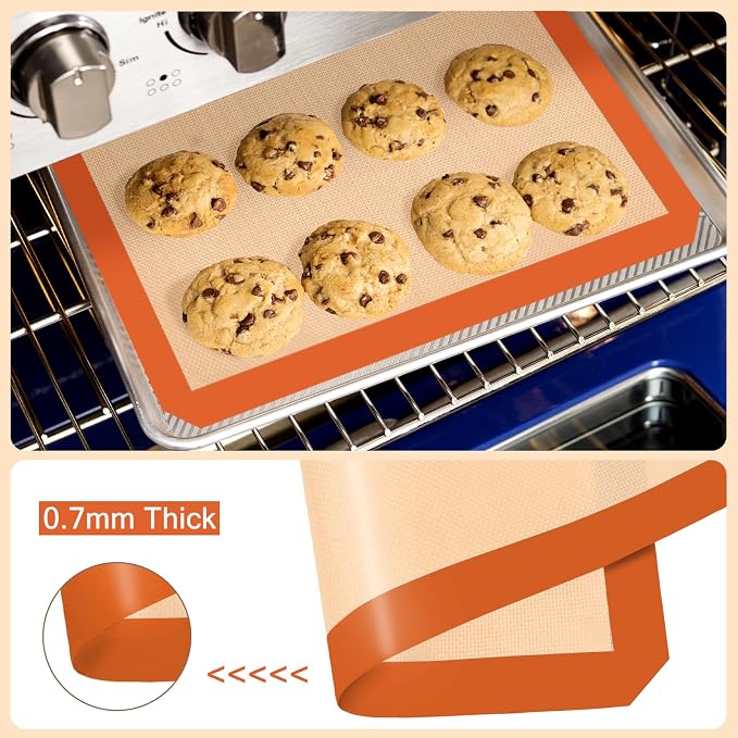 Silicone Baking Mat Set of 3, Non-Stick 2 Half & 1 Quarter Sheets | Dishwasher Safe, Reusable Baking Supplies for Cookies, Bread, Pastries & Dough, Orange