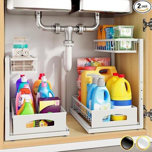 Under Sink Organizer, 2-Pack L-Shaped Metal Pull-Out Drawers for Kitchen | Cabinet Organizer Height Adjustable Heavy Duty Metal 2-Tier Storage Fits Beside Common Pipes for Bathroom Pantry