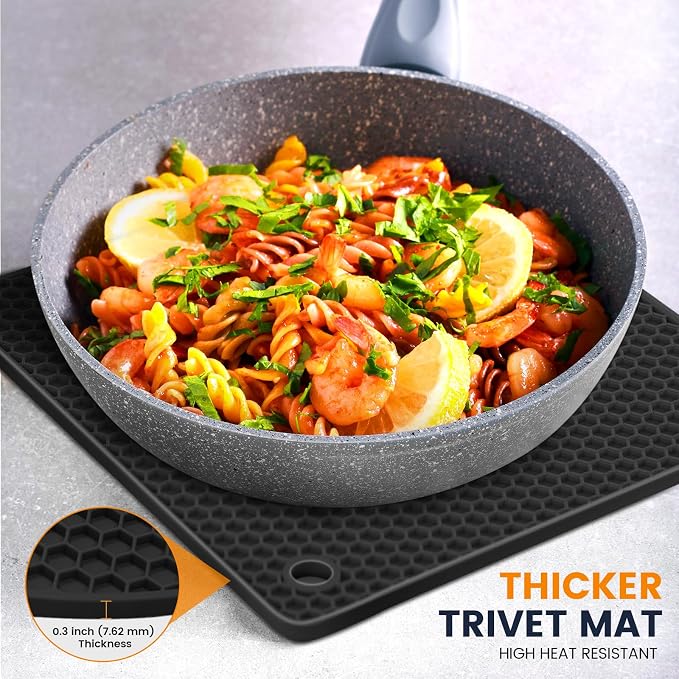 Silicone Trivet Mats 4 Heat Resistant Pot Holders Multipurpose Non-Slip Hot Pads for Kitchen Potholders, Drying mat, Jar Opener, Spoon Holder, Coaster.(Black Hidden Blue)