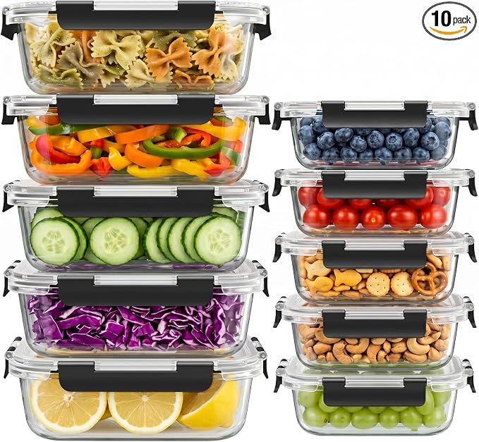 10 Sets 36 oz & 12 oz Glass Food Storage Containers with lids, Black | 20-Piece Airtight Leak-proof Glass Meal Prep Containers with Lids, Microwave Oven Freezer Dishwasher Safe