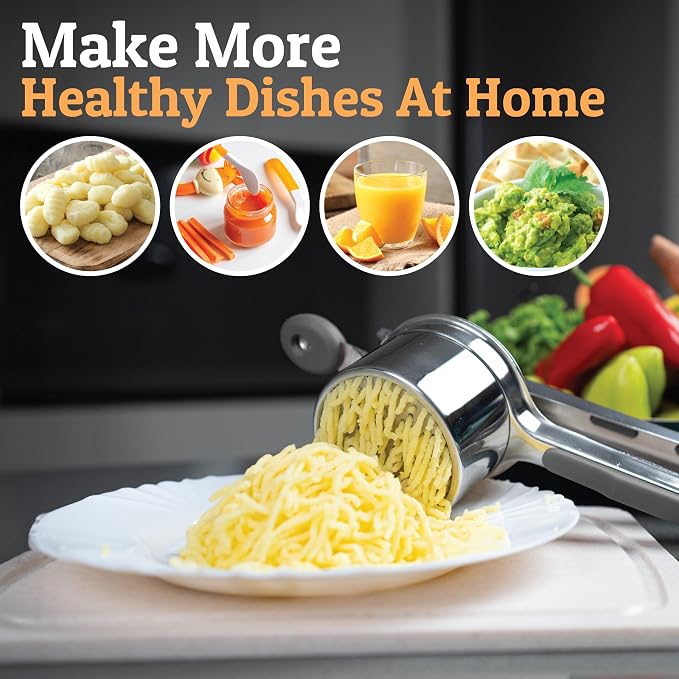 PriorityChef Large 15oz Potato Ricer, Heavy Duty Stainless Steel Potato Masher and Ricer Kitchen Tool, Press and Mash Kitchen Gadget For Perfect Mashed Potatoes - Everytime, Grey