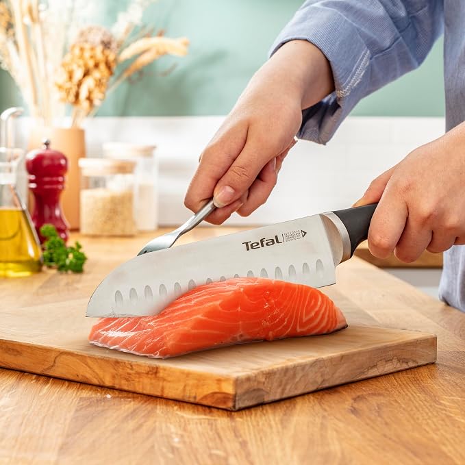Tefal Wooden Knife Block 5pc Set- Ice Force Knives, German Stainless Steel & Premium Design - Bread 20 cm | Chef 20 cm | Santoku 18 cm | Utility 11 cm | Paring 9 cm - K232S574