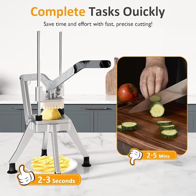 Sunvivi Commercial French Fry Cutter, Heavy Duty Potato Slicer with 2 Replaceable blades (1/2 & 3/8 Inch), Professional Fries Cutter for Potatoes, Carrots, Cucumber, Onion, Yam, Stainless Steel