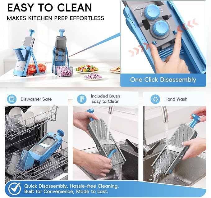 Jonscook All-in-1 Safe Mandoline Slicer for Kitchen, Vegetable Slicer with Container, Adjustable Veggie Mandoline, French Fry Cutter, Potato/Tomato/Onion Slicer, Grater/Cleaning Brush (Blue)