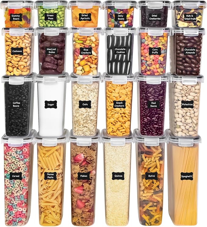 Freshware Kitchen Storage Containers with Lids, 48 PCS Airtight Food Storage Containers, Plastic Kitchen Containers, Pantry Containers for Cereal, Dry Food, Includes Labels, Marker & Measuring Spoons