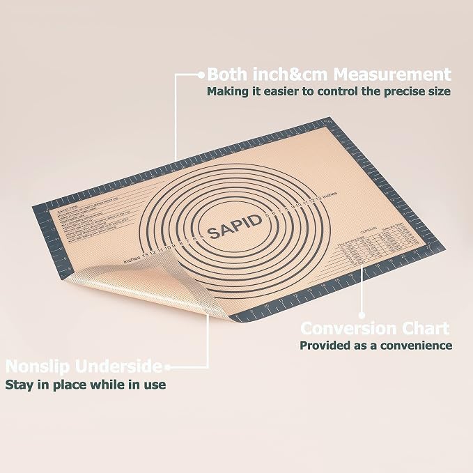 Non Slip Silicone Pastry Mat Large Non-stick Baking Mat for Dough Rolling | With Measurements for Pie Crust, Pastry Roll Out, Cookies, Bread and Silicon Kneading Mat (16" x 24", Gray)