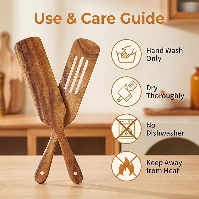 Wooden Spurtle Set As Seen On TV, AOOSY 5 Pcs Natural Acacia Wood Spatula Kitchen Tools Utensil Set Heat Resistant Non Stick Wood Cookware, Slotted Spatula for Stirring
