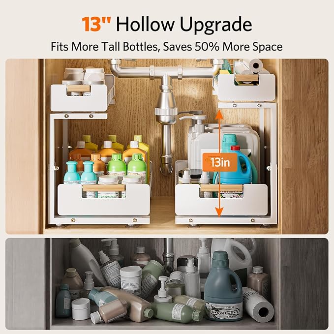 Delamu Under Sink Organizer Kitchen, 2-Tier Pull-Out Cabinet Shelf, 2-Pack | 2-Tier Smooth Slide, 5 Adjustable Heights, Anti-Tip Suction Cups, Sturdy Metal, For Kitchen Bathroom Pantry Laundry, White