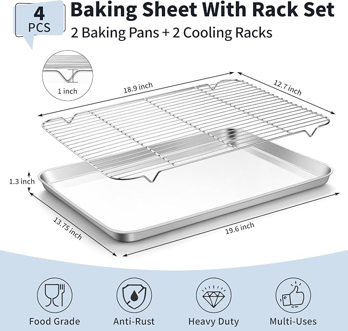 TeamFar Stainless Steel Baking Sheet with Rack Set, 20"x14"x1.2" | 2 Pans + 2 Racks, Cookie Sheet Baking Pan Tray with Cooling Rack for Cooking, Non-Toxic & Rust Proof, Dishwasher Safe