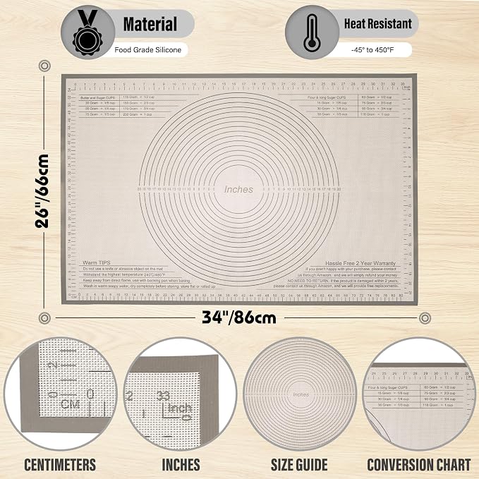 Silicone Pastry Mat 34x26 Inch Nonstick Baking Mat -Perfect for Dough, Pastry, Dough Rolling, Kneading Board, Pie Crust, Bread, Fondant, Pasta/Pizza, Kitchen Counter Mat