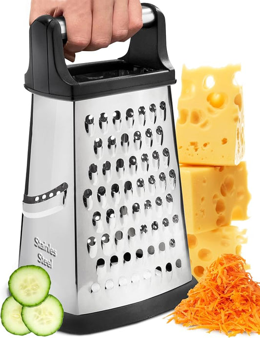 BASSWOOD Professional Cheese Grater, XL Size 4-Sided Stainless Steel Box Grater, Food Shredder for Cheese, Cheese Shredder - Cheese Grater with Handle - Graters for Kitchen Stainless Steel Food Grater