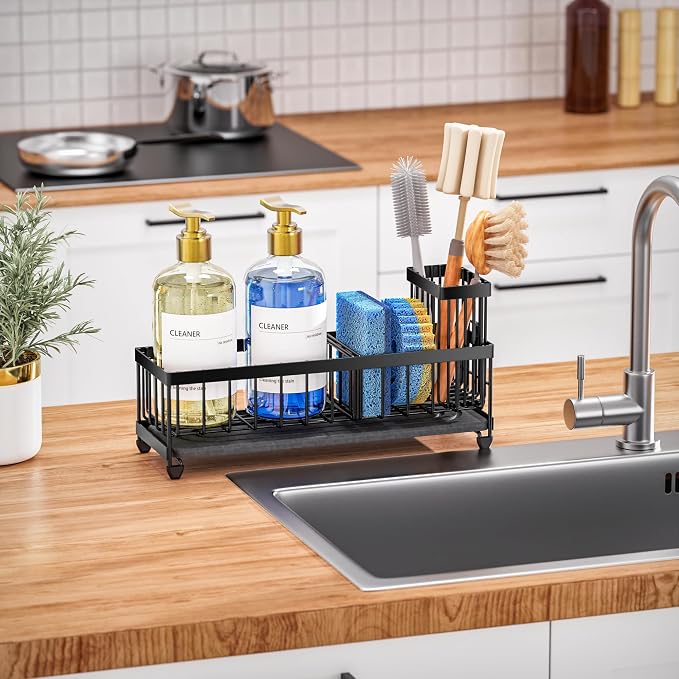 Cisily 10.62'' Sponge Holder for Kitchen Sink, Sink Caddy Organizer with High Brush Holder, Kitchen Countertop Organizers and Storage Essentials, Rustproof 304 Stainless Steel (Black with Stone Tray