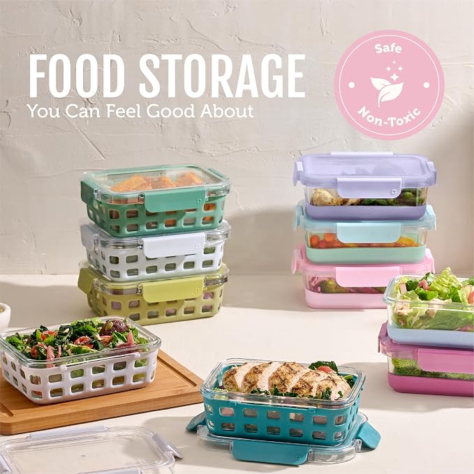 Ello Duraglass 3.4 Cup Glass Meal Prep Containers, 10 Pc, 5 Pack, Meadow | Glass meal prep set with silicone sleeves, leakproof BPA-free lids, microwave and oven safe, freezer and dishwasher safe