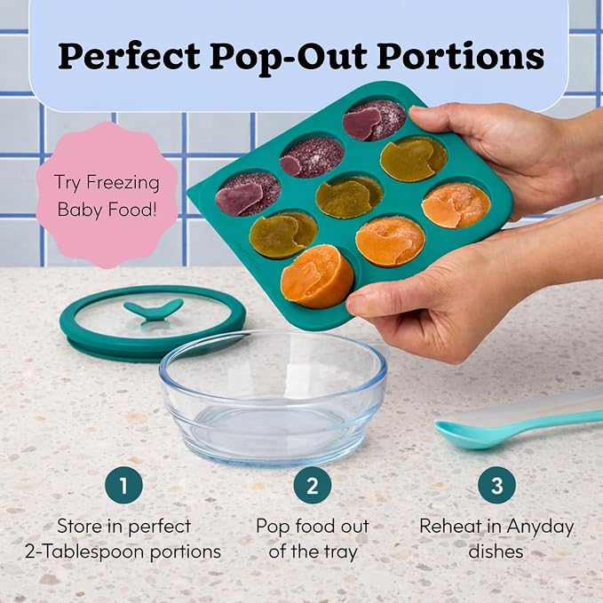 Anyday 2-Tbsp Silicone Freezer Tray with Silicone Lid for Baby Food, Sauces, Garlic, Herbs | Plastic-Free Freezer Molds | 1 Oz Baby Food Puree Ice Cube Tray Reusable