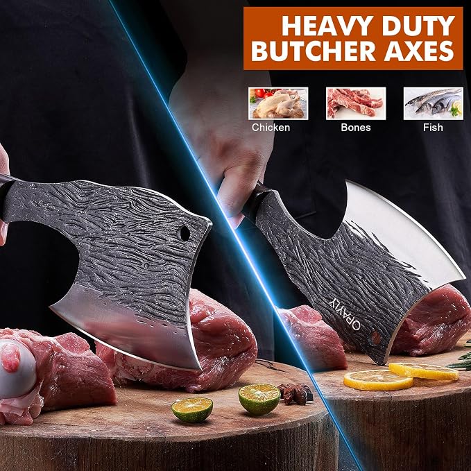 OPAYLY Heavy-Duty Bone Chopper Knife Hand Forged Meat Cutting with Cover Meat Bone Cleaver Knife High Carbon for Kitchen Outdoor Camping BBQ men gifts